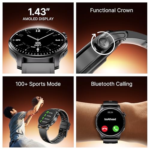 Image of Boat Ultima Prime smartwatch with 1.43 inch AMOLED Display, AOD, Personalized Fitness Nudges, Functional Crown,100+ Sports Modes, Create Your Own Watchface, smartwatch for Man and Woman (Onyx Black)