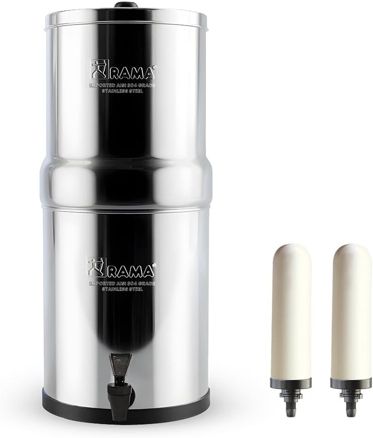 RAMA Gravity Water Filter | 24L Total Capacity (12L Storage) | 304 Grade Stainless Steel Non Electric Water Purifier Filter for Home | Includes 2 Spirit 7" Ceramic Candles & 10-Year Warranty