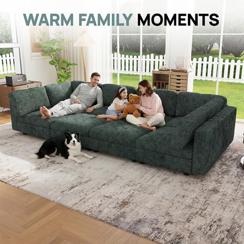Image of 128 inch Modular Sectional Chenille Sofa bed with Hidden Storage, Comfy Modern 8 Seater Oversized Deep Seat Couch, Modular Sectional with Ottoman and Removable Cover for Living Room, Apartment, Green