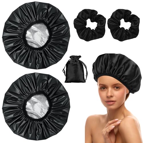 KAUSRE 2 Pièces Bonnet Chauffant Cheveux Soin Noirs Imperméables à Double Couche Pour Soins Capillaires Avec 2 Bandes de Cheveux Noires, Bonnets Chauffants Pour Salon...