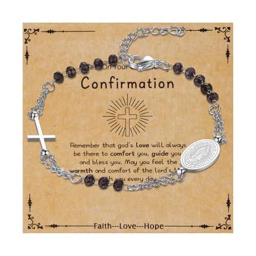 Flongo Bracelet Femme Perles Catholiques: Bracelet Acier Inoxydable avec Croix et Médaille Vierge Marie Gourmette Perles Strass avec Carte First Confirmation - Cadeau Première Confirmation