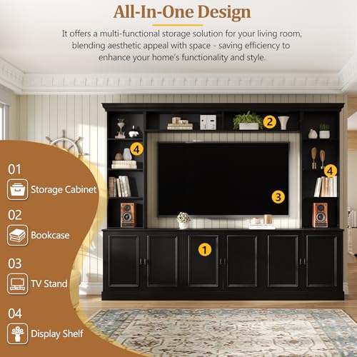 Image of JIJIWANG 97.4 inch W 4-Piece Wall Unit Entertainment Center with Bookshelf for TVs Up to 70 inch, Mid-Century Media Console TV Stand with Adjustable Shelf, Storage Cabinet and Bridge for Living Room, Black