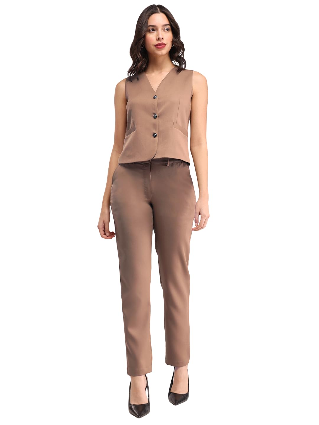 Women Formal Co-Ord Set | V-Neck Sleeveless Button-Down Waistcoat & High-Rise Straight Trousers | Solid Brown Minimalist Design for Business Casual & Office Wear