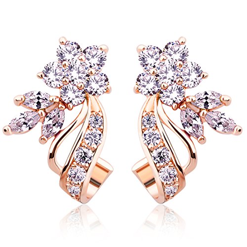 BAMOER Rose Gold Plated Flower Design Multicolor Cubic Zirconia Stud Earrings for Women CZ Jewelry White CZ