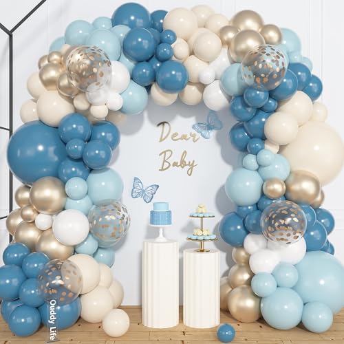 Image of Ouddy Life 157 Pcs Dusty Blue Balloons Garland Arch Kit, Fog Pastel Slate Blue Sand White Champagne Gold Confetti Balloons Different Size for Boho Bridal Baby Shower Birthday Wedding Party Decorations