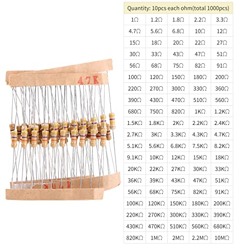 100 Values 1000Pcs 1-10M Ohm 1/2W Carbon Film Resistor Assortment Kit With Label 300V For Diy Projects And Experiments #TOP2