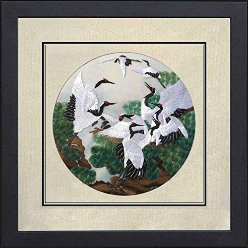Silk Art 100% Handmade Embroidery Mixed Group Cranes & Pipe Tree Framed Landscape Painting Gift Oriental Asian Wall Art Decor Picture Gallery 31011Wf & 31012Wf & 31013Wf & 31014Wf #TOP6