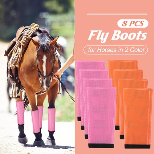Image of Set of 8 Mesh Fly Boots for Horse Breathable Mesh Horse Boots Protective Loose Wraps Adjustable for Preventing Legs Reduces Flies and Mosquitoes Bites(Orange, Pink,M)