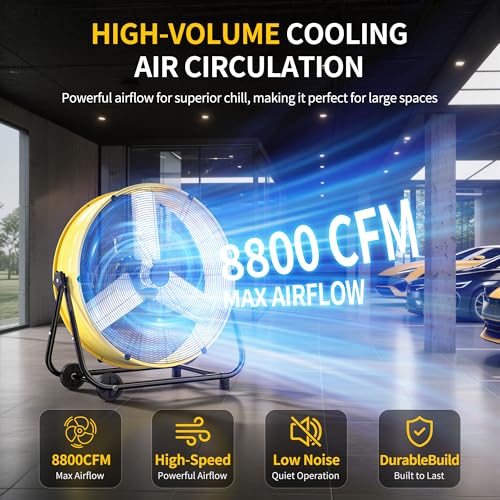 Uthfy 24 Inch High Velocity Industrial Fan, 8800CFM Heavy Duty Floor Drum Fan with 3 Speeds, 360° Tilt Metal Garage Fan with Wheels for Warehouse, Commercial, Workshop, Factory and Gym,Yellow by Uthfy - Image 2