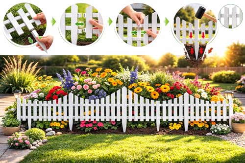 Image of Klick N Shop Garden Fence Pack of 2, Decorative Interlocking Plastic Border Panels for Lawn & Plants, Weather-Resistant Outdoor Garden Edging with Locking System, White, 78 x 34 cm