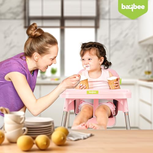 Image of Baybee Invictus 3-in-1 High Chair for Kids - Convertible Baby Feeding Chair with Adjustable Height & Footrest, Detachable Tray, Safety Harness & Cushioned Seat - Booster Chair for 6 Months to 4 Years (Pink)