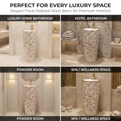 Image of InArt Freestanding Pedestal Wash Basin for Bathroom, Luxury Floor Standing Ceramic Basin with Gold Rim and Floral Pattern, 15 x 15 Inch Bowl, 34 Inch Height, White & Gold