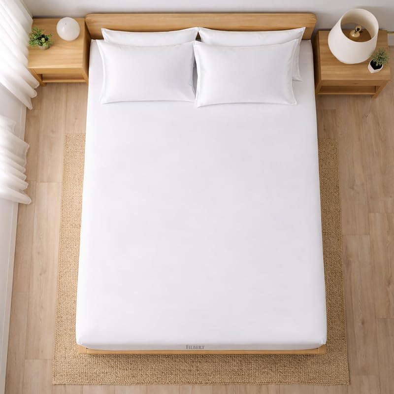 Image of Filbert - Premium Satin Fitted Bedsheet Single Bed (36x75 Inch) with 1 Pillow Cover | Hypoallergenic Breathable | Hair and Skin Friendly, Women Gift Choice|White