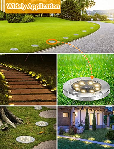 Solar Outdoor Garden Ground Lights, 8 LED Waterproof Patio Disk Lights, In-Ground Landscape Lighting, Floor Path Lights for Walkway, Lawn, Steps Decks, Pathway Yard Stairs Fences, Warm White (8 Pack) - Image 5