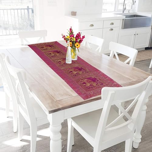 Image of Indian Traditional Decorative Silk Table Runner Kitchen Dining Good Luck Table Cloth for Wedding Bridal Birthday Party Decorations - 60x16 Inches (Pink)