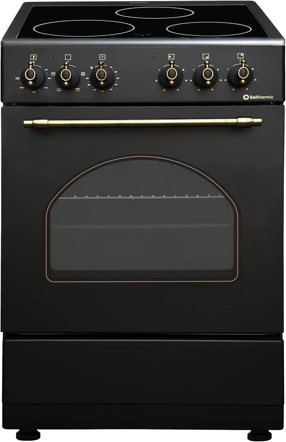 SOLTHERMIC COMBO PACK NEGRO RÚSTICO COCINA VTC con HORNO 50L 50X50 + CAMPANA DE 60 NEGRA SIN RIBETE DORADO (3 fuegos, gran potencia de extración)