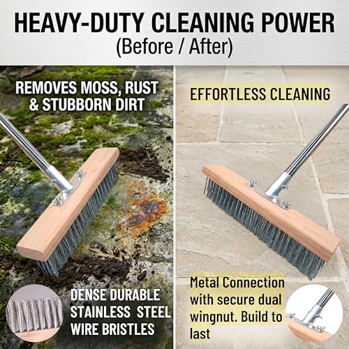 Image of Stainless Steel Wire Heavy Duty Brush 30 cm Durable Metal Wooden Brush with 70 inch Long Stainless Steel Pole for Swimming Pool, Terrace, Bathroom, Garden, Block, Moss, Stains Cleaning