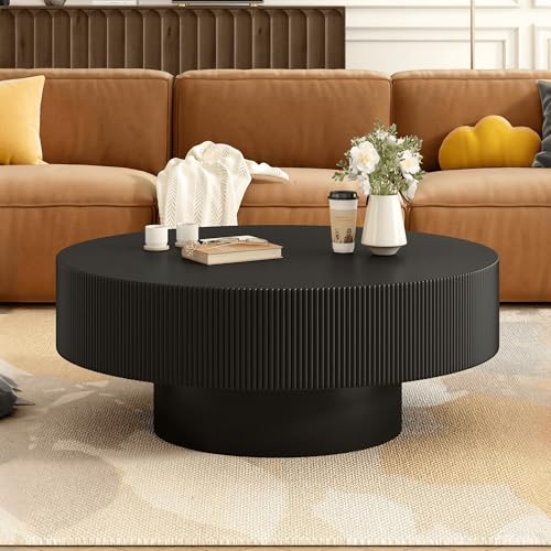 Merax 31 Inch Modern Round Coffee Table with Sturdy Base, Wood Center Tables for Living Room Reception Room, Easy Assemble, Black