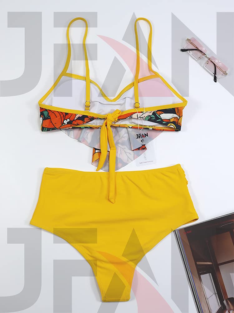 JFAN Costume da Bagno Donna Due Pezzi Bikini A Vita Alta Bottom Increspato Stampa Floreale Halter Ruffle Coordinati Blu L