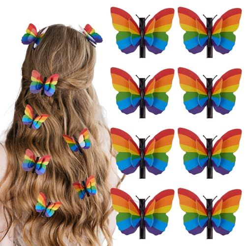 Auiremrti 8 Stück Regenbogen-Schmetterlings-Haarspangen für Die Pride Parade,Pride-Regenbogen-Accessoires,Schmetterling mit Faltbaren Flügeln,Festliches Kopfbedeckungs