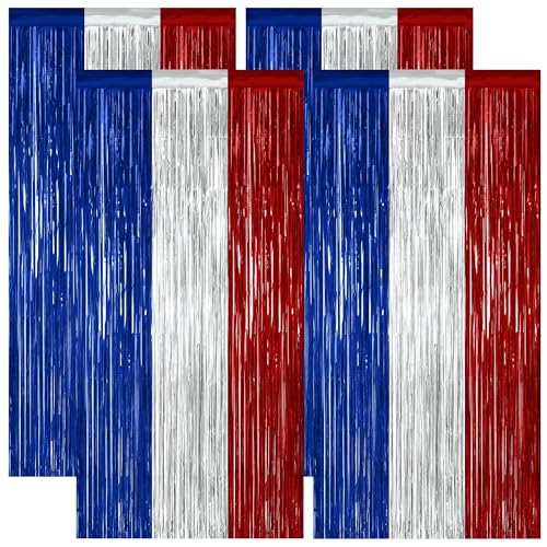 Image of ZATAYE 4 Pack Blue Silver Red Foil Curtain Streamer Decorations | Blue Silver Red, Metallic Foil, 3.28 x 7.05 FT, Tinsel Backdrop, Foil Curtain Streamer, Party Decorations