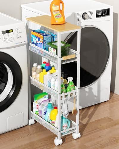 TIPGO Utility Slim Storage Cart 4 Tier Rolling Cart with Wheels Narrow Storage Cabinet for Bathroom Laundry Shelves for Room Organization Small Organizer for Kitchen Office and Dorm (White)