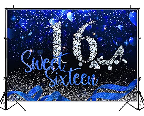 Image of Mocsicka Blue and Silver 16th Birthday Backdrop Early 2000s Blue Heart Glitter Diamonds Background Girls Sweet Sixteen Birthday Party Supplies (10x8ft(120x96 inch))
