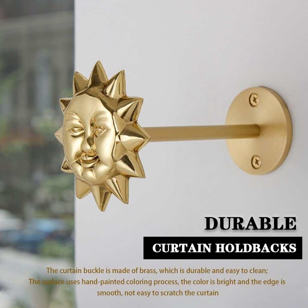 Curtain Tiebacks Sun Moon Shape Curtain Holdbacks, American Vintage Brass Curtain Buckle, Nordic Creativity Curtain Hooks, Bedroom Window Ornaments, Hole Installation (Color : Gold Color, Size : A*2