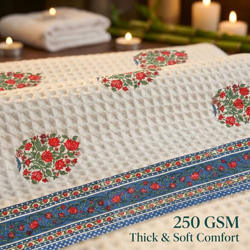 Image of Mafatlal Madhuban Bath & Hand Towel Set (1 Bath 147x76 cm + 2 Hand 76x38 cm) | 250 GSM | Hand Printed Floral Waffle Cotton | Oil Yellow