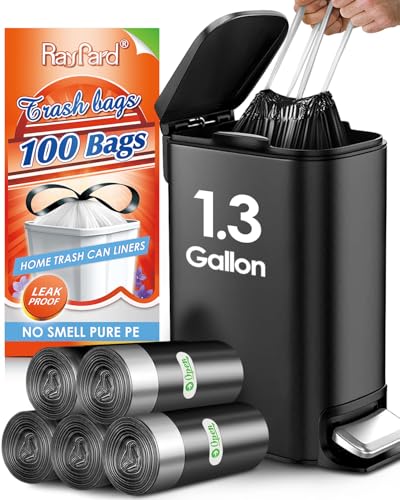 1.3 Gallon 100 Counts Strong Drawstring Trash Bags Garbage Bags by RayPard 1 1.2 1.3 Gal Small Plastic Bags Trash Can Liners for Home Office Kitchen Bathroom Bedroom Waste Basket Liners (Black)