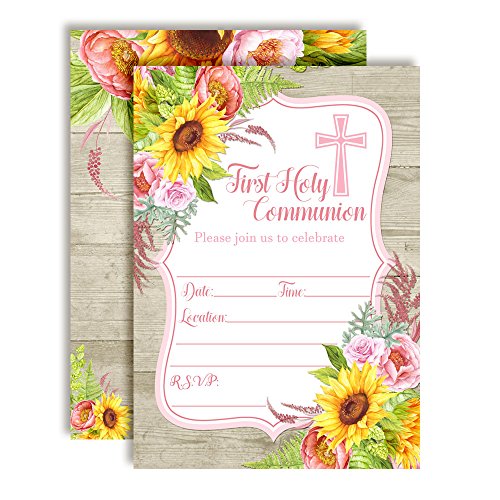 Watercolor Sunflower & Peony First Holy Communion Religious Party Invitations with Wood Background