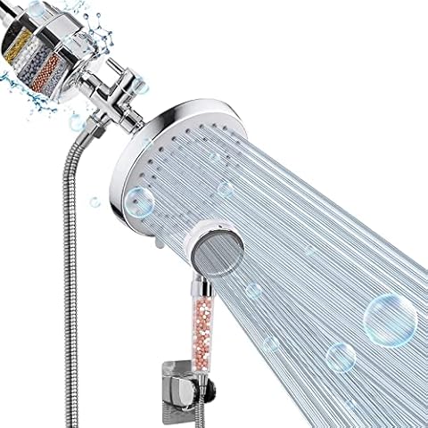 HarJue Filter Shower Head, High Pressure Multi-Function 5″ Round Shower Head with Filter Combo for Hard Water, Remove Chlorine Fluoride and Harmful Substances- 1 Replaceable Filter Cartridge, Chrome Cover
