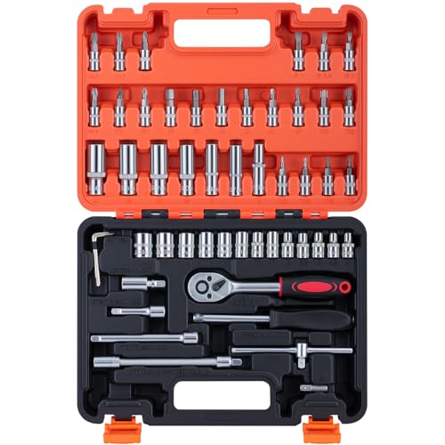 Ginour Juego de 53 llaves de vaso de 1/4 pulgadas con brocas, llave de trinquete de liberación rápida, juego de herramientas mecánicas CR-V para reparación de automóviles