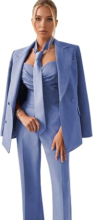Suits for Women 3 Piece Double Breasted Womens Pants Suit with Ties