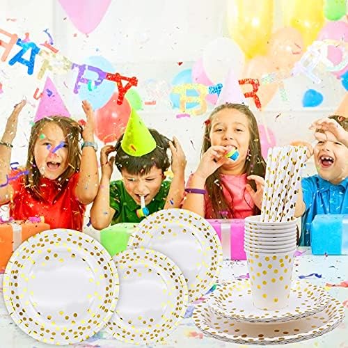JJQHYC 80 Pieces Party Tableware Set Disposable Tableware White and Gold Paper Plates Cups Napkins Straws Paper Tableware for Birthday Wedding Christmas