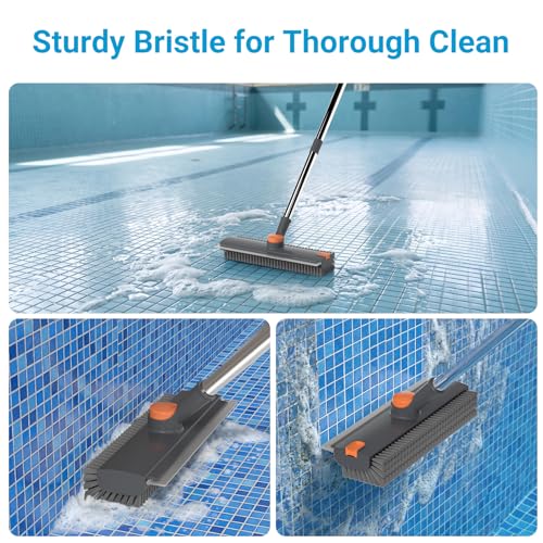 Image of Pool Scrub Brush with 52 inch Pole, 3 in 1 Pool Cleaning Brush with Squeegee, Floor Scrub Brush with Long Handle, Deck Brush for Swimming Pool Tile Wall Patio Concrete Gray