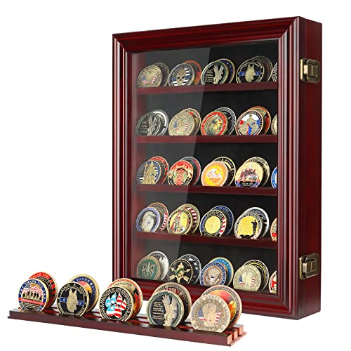 Photo 1 of ASmileIndeep Military Challenge Coin Display Case Box Solid Wood Challenge Coin Display Holder Wall Mounted with HD Glass Door Military Coin Rack Shadow Box with Removable Shelves