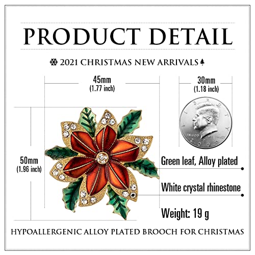 RareLove Vintage Christmas Poinsettia Brooch, Red with Green Leafs Poinsettia Flower Wreath CZ Rhinestone Crystal Christmas Pins and Brooches for Women Girls Silver Plated Alloy,Holiday Jewelry2
