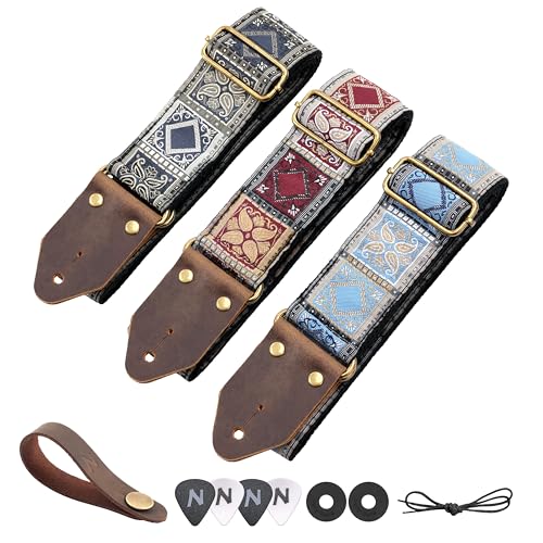 Image of Nefelibata Guitar Strap,Crazy Horse Leather Jacquard Embroidery Cotton Guitar Straps for Bass, Electric & Acoustic, Best Gifts for Guitarists(Bohemian Dark Blue Chequered)