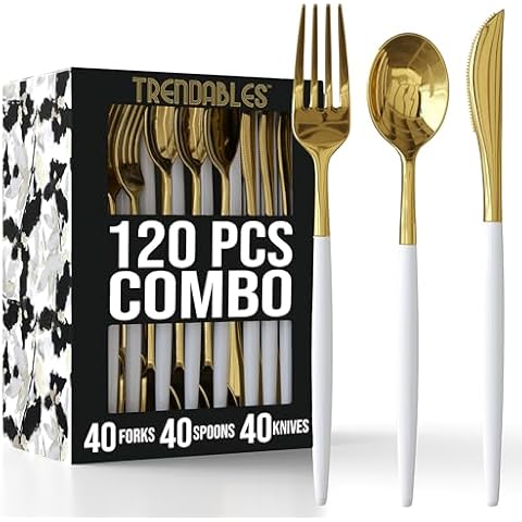 Trendables 120 Pack Disposable Silverware Set - Plastic Cutlery Dinnerware - Includes 40 - Plastic Forks - Plastic Spoons - Plastic Knives - White & Gold Plastic Silverware Plastic Utensils Party Set Cover