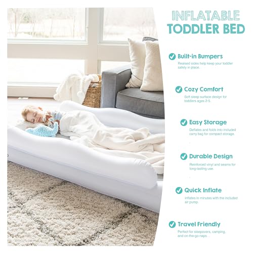 Image of Regalo Inflatable Toddler Travel Bed with Safety Rail Bumpers, Portable Toddler Air Mattress with Pump & Carry Bag, Foldable Kids Bed for Travel, Camping & Sleepovers, Ages 2-5