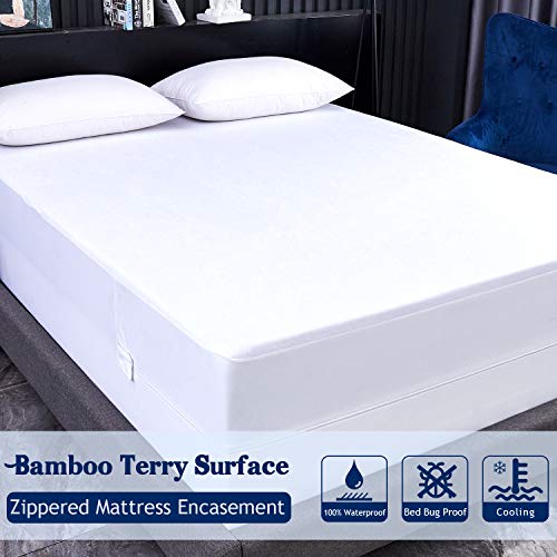 Premium Cooling Bamboo Zippered Mattress Encasement 6-Sided Waterproof Mattress Protector Hypoallergenic Noiseless Mattress Cover Cotton Terry Surface Mattress Pad Cover (Queen) - Thumbnail 2