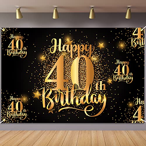 Toile de fond Happy 40th Birthday noire et dorée pour décoration anniversaire de 40 ans