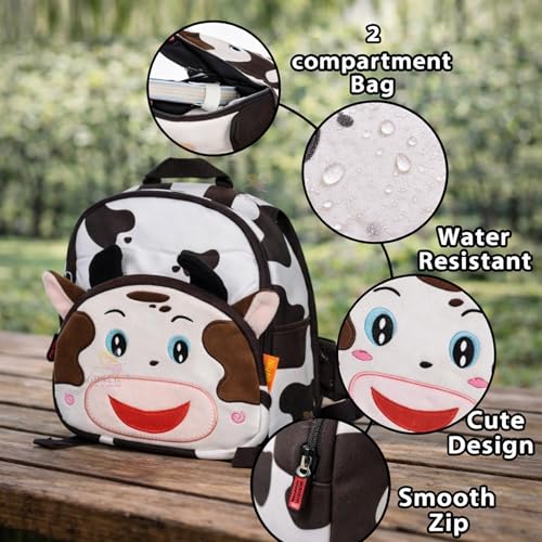 Image of WISHKEY Cow Print Bag for Pre-Schoolers Kids, Water Resistant Mini Lightweight Backpack for Kids, Small Size Bag for Play School & Nursery Kid's, Picnic Bag Travel Brown and Black 2-4 Years Pack of 1