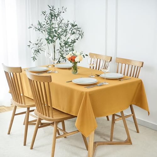 Image of maxmill Square Tablecloth Weaved Texture Stain Resistant Waterproof Wrinkle Free Washable Soft Table Cloth, Decorative Fabric Table Cover for Dining Room Dinner Parties, 52 x 52 Inch, Ochre Yellow