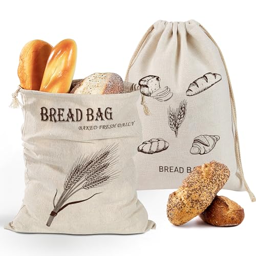 OioTuyi 2 Pcs Natural Linen Bread Bags For Homemade Bread, 40x30 Cm Reusable Bread Storage Bags To Keep Bread Fresh, Eco Friendly Food Storage