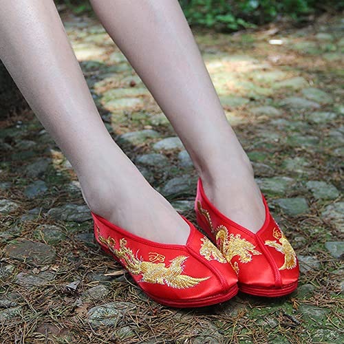 Vintage Women Flats Bride Shoes Chinese Wedding Satin Dragon Phoenix Embroidered Breathable Soft Single Ballet Shoes Woman (Color : Green, Size : 5 Code) (Green 9 Code)4