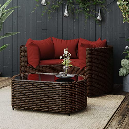 Salon de Jardin 4 Places en Résine Tressée Marron avec Coussins, Ensemble Canapé d'angle et Table Basse en Verre Trempé pour Terrasse, Balcon, Jardin...