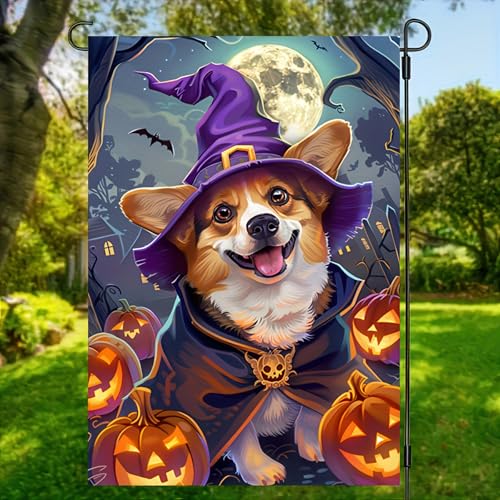 Image of Halloween Decorations Outdoor Garden Flag 12x18 Inch Double Sided Corgi Dog Witch Hat Pumpkin Fall Decor Yard Lawn Porch Patio Halloween Garden Flags