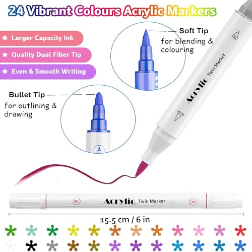 Image of KLIFFOO 24 Colors Dual Tip Acrylic Paint Markers Set with Carrying Case For Painting Sketching Calligraphy Drawing, Permanent Colouring Marker Pens For Rock, Canvas, Wood, Glass, Ceramic, Fabric (24)